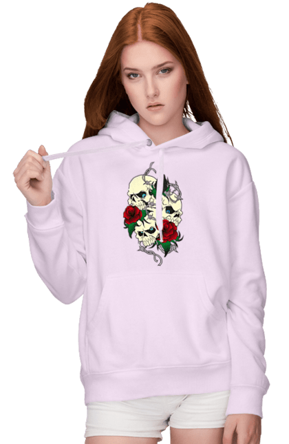 Women's hoodie with prints Skulls with roses. Bones, eyes, flowers, leaves, rose flower, roses, scull, spikes, teeth. 2070702