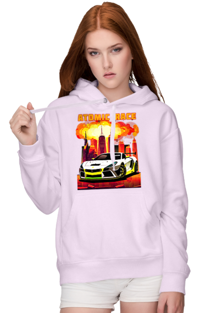 Women`s hoodie with prints Atomic race. Atomic race, automobile, car, race, racing cars, sport car, sports car. 2070702