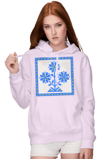 Women`s hoodie with prints Yellow blue embroidery flowers. Cross stitch, embroidery, flowers, symbol of ukraine, traditions of ukraine, ukraine. 2070702