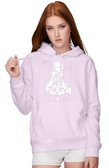 Women`s hoodie with prints The nun sniffs the powder. Cool, cross, fashionable, nun, popular. 2070702