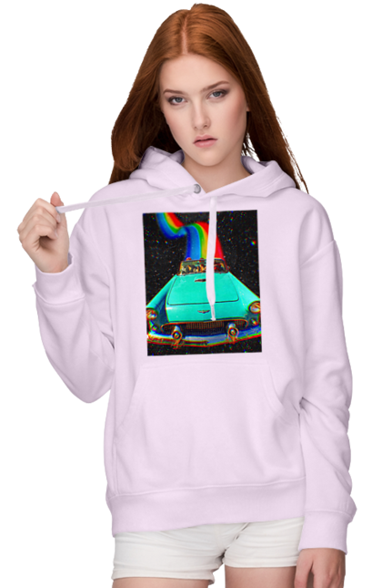 Жіноче худі з принтом "Картина, машина у космосі". Веселка, картина, космос, машина, подорожі, поїздка, прикол, ретро. 2070702