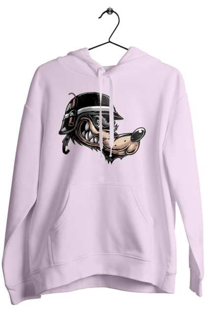 Women`s hoodie with prints Wolf Biker. Bike, biker, cartoon, cartoony, competition, enthusiasm, helmet, hobby, moto, motor, motorbike, motorcyclist, smile, smirk, sport, style, stylish, teeth, wolf. 2070702