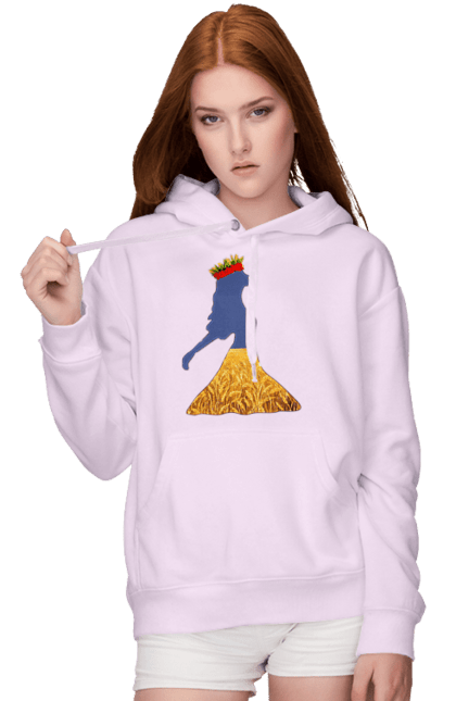 Women`s hoodie with prints Ukraine. Girl, national colors, poppies, sky, wheat field, wreath, yellow blue. 2070702