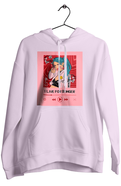 Жіноче худі з принтом "I Live For Danger". Аніме, музика, пістолет, програвач. 2070702