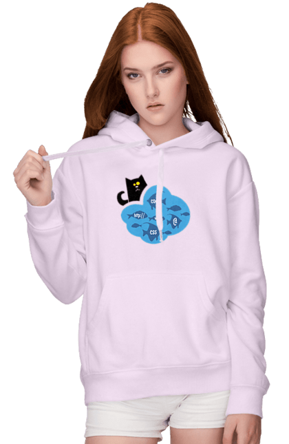 Жіноче худі з принтом "Кіт програміст". Angular, c, css, html, it, javascript, jquery, php, python, react, svelt, vue, айтишник, айті, гумор, код, кодувати, прогер, програміст, програмісти, ти ж, ти ж програміст, тиж програміст. 2070702