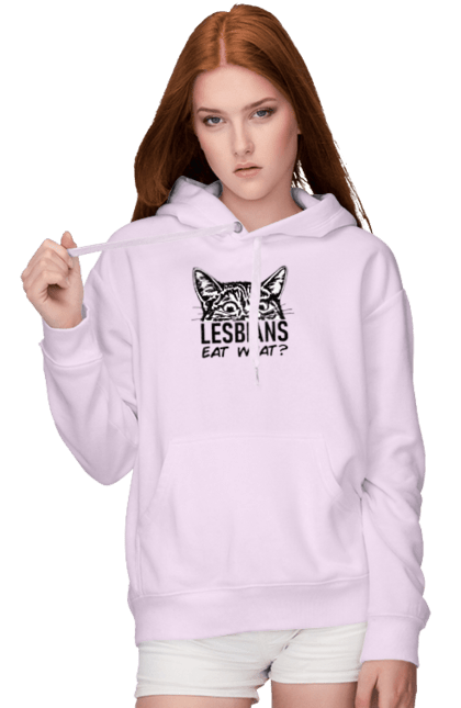 Women`s hoodie with prints What do lesbians eat?. Funny inscriptions, humor, jokes, kittens, lesbians, lgbt. 2070702