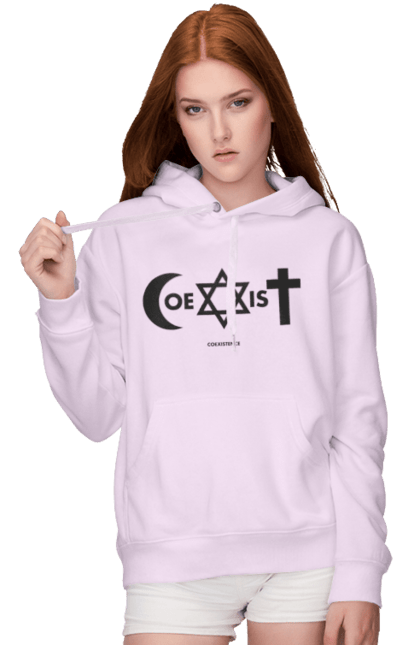 Жіноче худі з принтом "Coexist". Coexist, іслам, іудаїзм, міжрелігійний діалог, релігія, рівність, символи віри, толерантність, християнство. 2070702