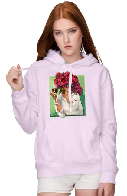 Жіноче худі з принтом "Дівчина з півоніями та келихом". Вино, дівчина, квітка, келих, літо, окуляри, півонії, сорочка. 2070702