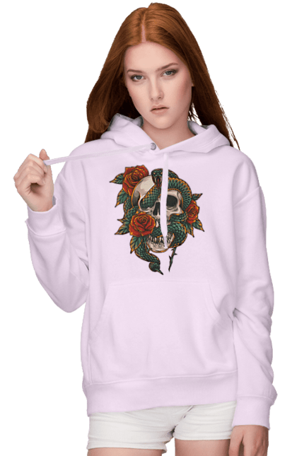 Women's hoodie with prints Skull with a snake. Bones, flowers, roses, scales, scull, snake, spikes, teeth. 2070702