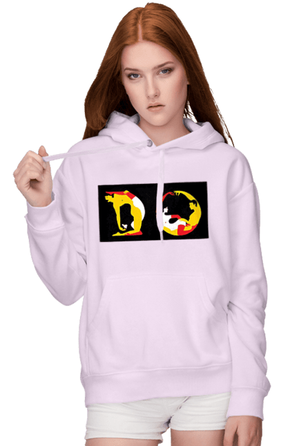 Women`s hoodie with prints Stretching For An Adult. Poses, stretching. 2070702