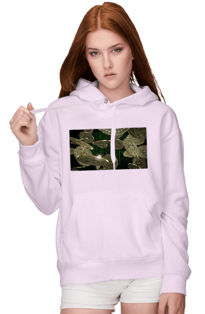 Women`s hoodie with prints Bitcoin. Bitcoin, coin, cryptocurrency, currency, digital world, luxury, matrix, mining, money, wealth, well. 2070702