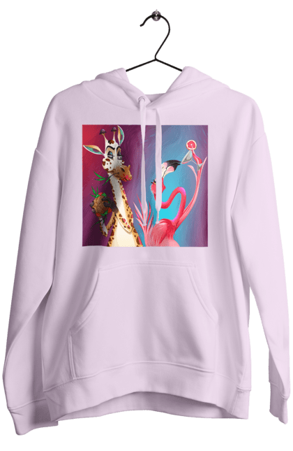 Women`s hoodie with prints Giraffe And Flamingo At The Party. Cocktail, flamingo, food, giraffe. 2070702
