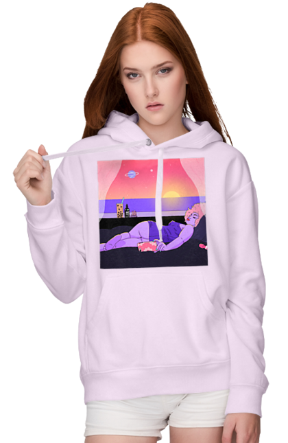Жіноче худі з принтом "Фіолетова Дівчина На Відпочинку". Дівчина, захід, телефон. 2070702