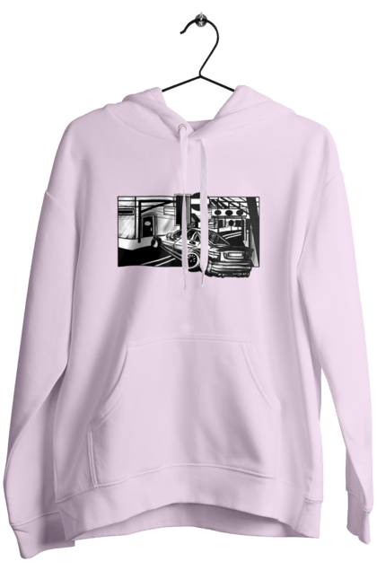 Women`s hoodie with prints Dangerous Car on the roads of the streets. Black and white, car, dangerous, fast, machine, race. 2070702