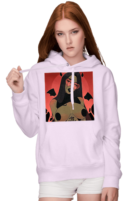 Женское худи с принтом Дьявол С Сиськами. 18, голая, дьявол, сиськи. 2070702