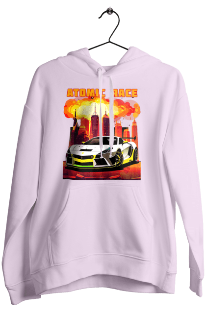 Women`s hoodie with prints Atomic race. Atomic race, automobile, car, race, racing cars, sport car, sports car. 2070702