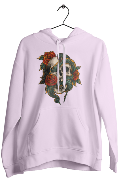 Women's hoodie with prints Skull with a snake. Bones, flowers, roses, scales, scull, snake, spikes, teeth. 2070702