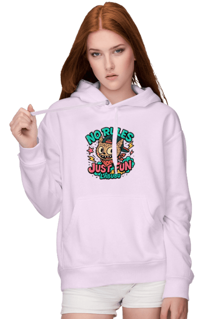 Жіноче худі з принтом "Лабубу". Norulesjustfun, y2k, бандана, вуличний стиль, грайливий, графіті, зухвалий, лабубу, ретромультяшка, яскраво. 2070702