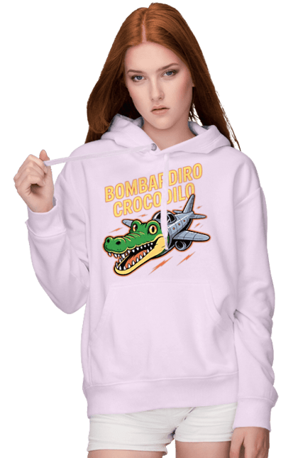 Жіноче худі з принтом "Bombardino Crocodilo". Bombardino, bombardino crocodilo, crocodilo, бомбардиро крокодило, бомбардіно крокоділо, крокодил, крокодил літак, крокодил мем, мем бомбардине крокодило, меми. 2070702
