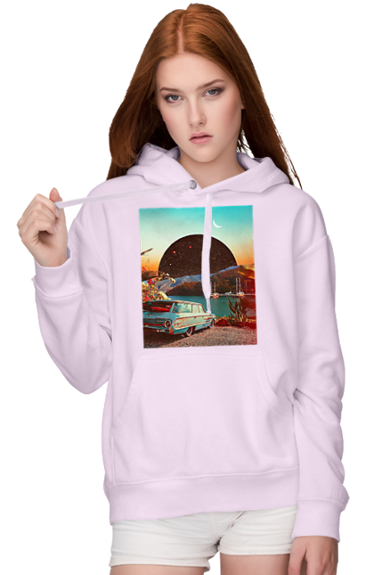 Women`s hoodie with prints Painting, car by the river. Joke, machine, picture, planet, retro, river. 2070702