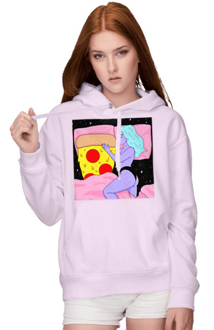 Women`s hoodie with prints Purple Girl And Pizza. Bed, girl, pizza. 2070702