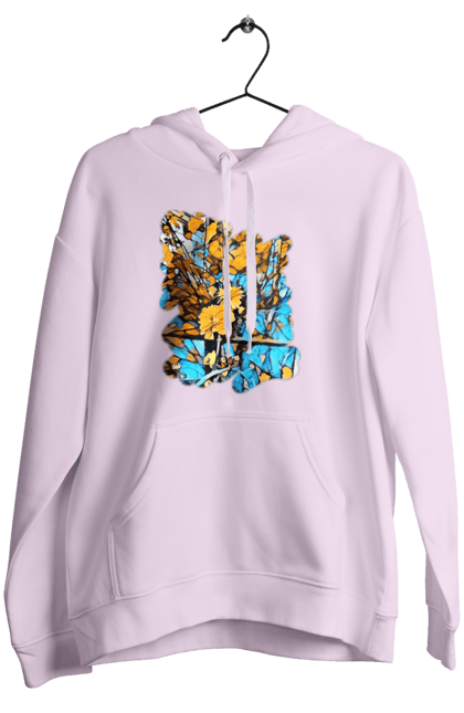 Жіноче худі з принтом "Жовті квіти на синьому фоні". Арт, жовтий та синій, жовті квіти, жовто-синій, квіти, малюнок, природа, синій та жовтий, синьо-жовтий. 2070702