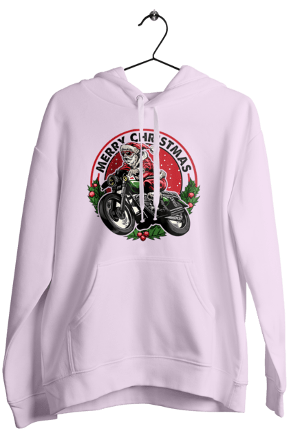 Жіноче худі з принтом "Щасливого Різдва, дід мороз на мотоциклі". 2022, дід мороз, зима, мотоцикл, новий рік, подарунки, різдво, санта, сніг. 2070702