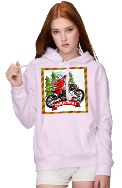 Women`s hoodie with prints Santa on a motorcycle. Christmas, motorcycle, new year, presents, santa, snowman, tree. 2070702