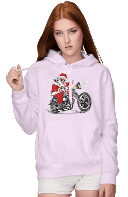 Santa in glasses on a motorcycle