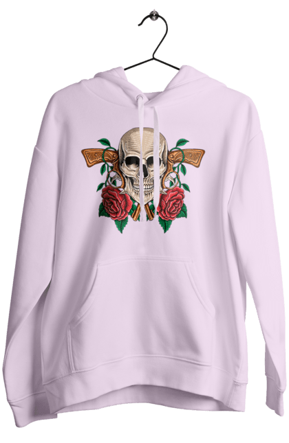 Women's hoodie with prints Skull with roses. Bones, eyes, flowers, gun, leaves, rose flower, scull, spikes, teeth. 2070702