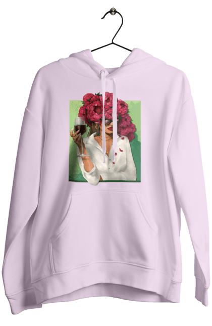 Жіноче худі з принтом "Дівчина з півоніями та келихом". Вино, дівчина, квітка, келих, літо, окуляри, півонії, сорочка. 2070702