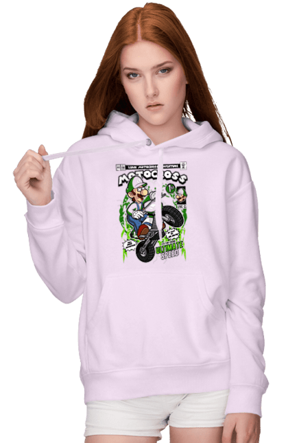 Жіноче худі з принтом "Luigi Motocross". Nintendo, playstaion, автомобіль, гра, зелений маріо, луїджі, маріо. Funkotee