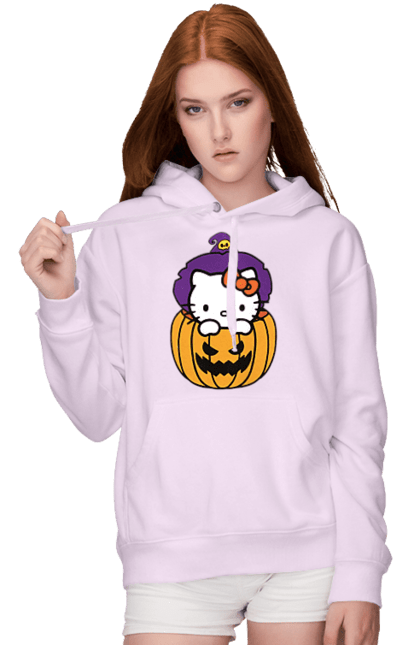 Women's hoodie with prints Hello Kitty Halloween. Brand, cat, character, halloween, hello kitty, kitten, kitty, witch. 2070702