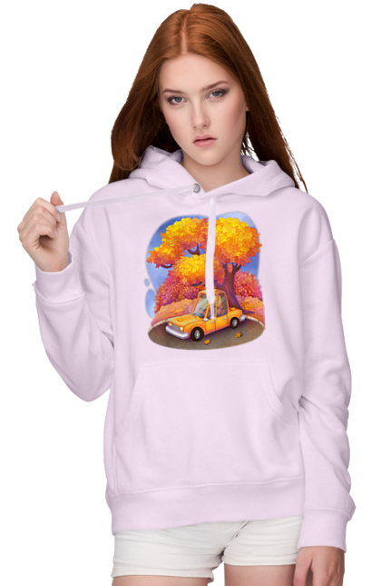 Women`s hoodie with prints Autumn Car Tree. Autumn, machine, orange, tree, yellow cute illustration. 2070702