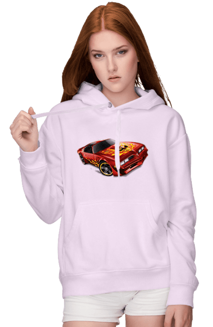 Women`s hoodie with prints The car is red, high speed. Machine, riding, speed, wheels. 2070702