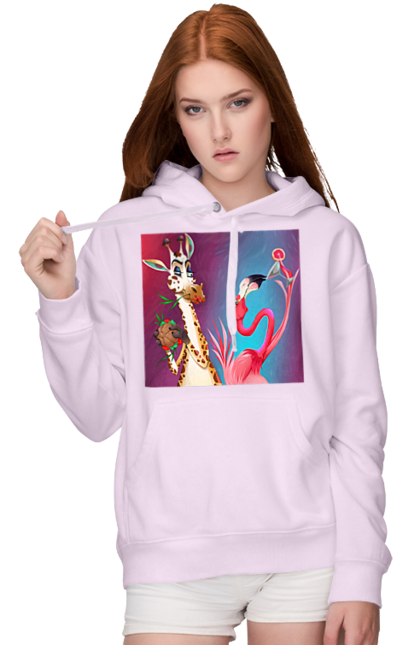 Women`s hoodie with prints Giraffe And Flamingo At The Party. Cocktail, flamingo, food, giraffe. 2070702