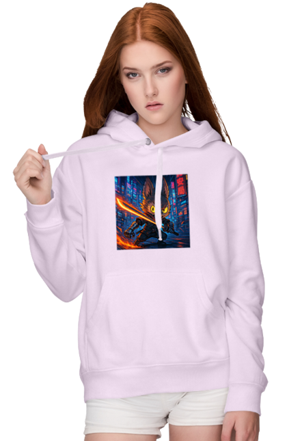 Жіноче худі з принтом "Лабубу". Аніместиль, дія, катана, кіберніндзя, кіберпанк, лабубу, меч, неонове місто, очі` що світяться. 2070702