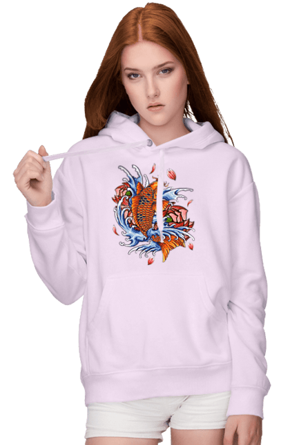 Women`s hoodie with prints Fish and waves. Fish, flower, wave. 2070702