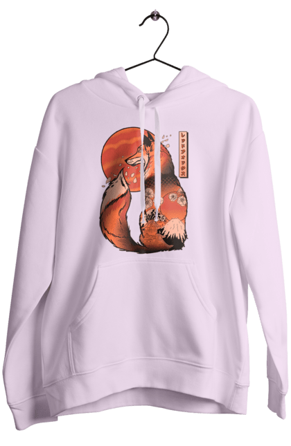 Women's hoodie with prints Kitsune. Animal, cherry blossoms, flowers, fox, great wave, japan, japanese, kitsune, mount fuji, red fox. 2070702