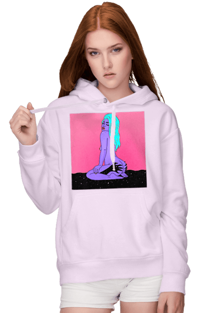 Women`s hoodie with prints Purple Girl In Hands. Alien, girl, sits. 2070702