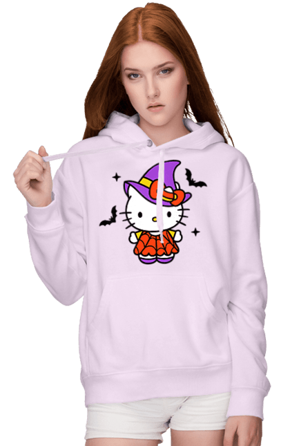 Women's hoodie with prints Hello Kitty Halloween. Brand, cat, character, halloween, hello kitty, kitten, kitty, witch. 2070702