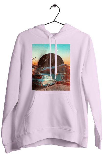 Women`s hoodie with prints Painting, car by the river. Joke, machine, picture, planet, retro, river. 2070702