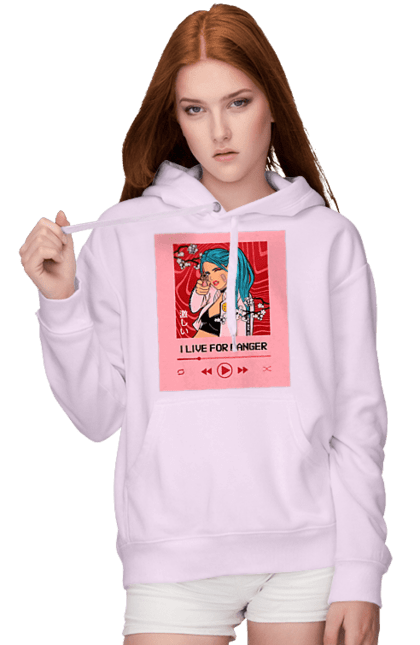 Жіноче худі з принтом "I Live For Danger". Аніме, музика, пістолет, програвач. 2070702