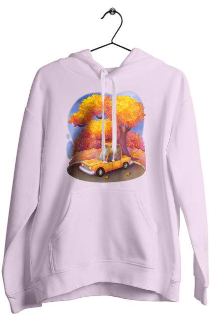 Women`s hoodie with prints Autumn Car Tree. Autumn, machine, orange, tree, yellow cute illustration. 2070702