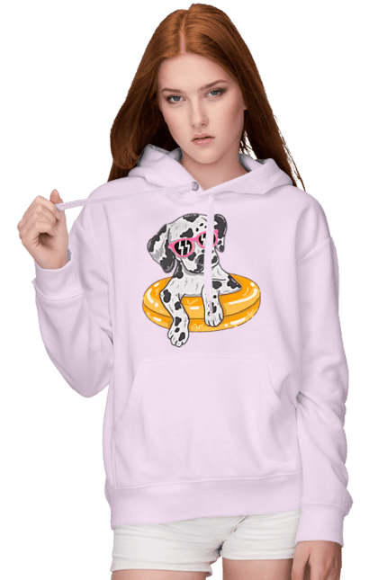 Women`s hoodie with prints Dalmatian Swims In A Circle. Dalmatian, dog, glasses, to swim. 2070702