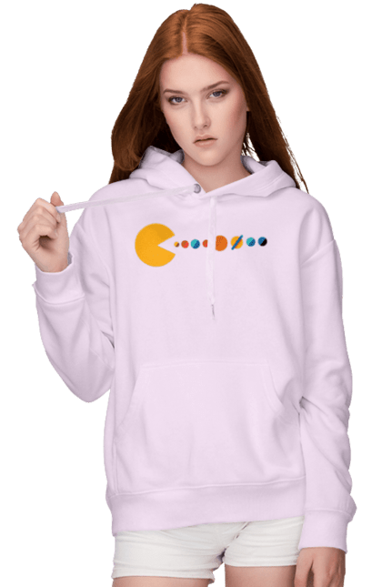 Женское худи с принтом Pac Man Planets. Atari, namco, pac man, аркадная видеоигра, видеоигра, компьютерная игра, космос, лабиринт, планеты, солнечная система. 2070702