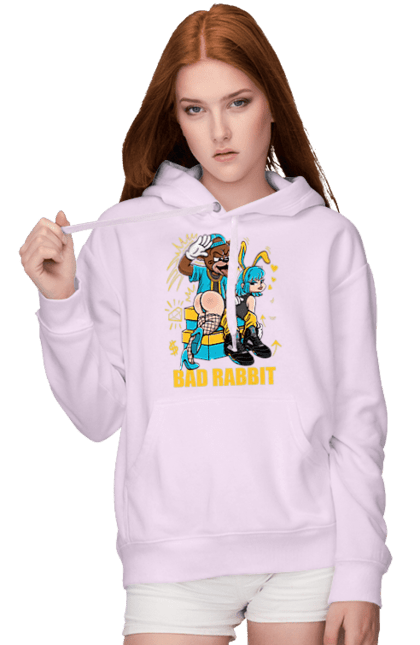 Women`s hoodie with prints Bad rabbit. Bad bunny, bdsm, bear, cool, funny, rabbit, young woman. 2070702