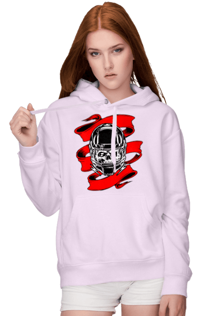 Women`s hoodie with prints Skull in a motorcycle helmet. Helmet, moto, skull, tape. 2070702