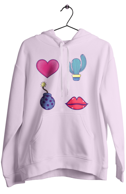 Women`s hoodie with prints Heart, Cactus, Bomb, Lips. Bomb, cactus, lips. 2070702