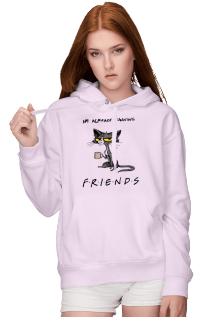 Жіноче худі з принтом "Друзі, вже біжу". Вже біжу, відвали, друзі, йди нахуй, кіт з чашкою, не вчіть жити, пародія серіал, сам собі друг, самотність сука, серіал кіт. 2070702